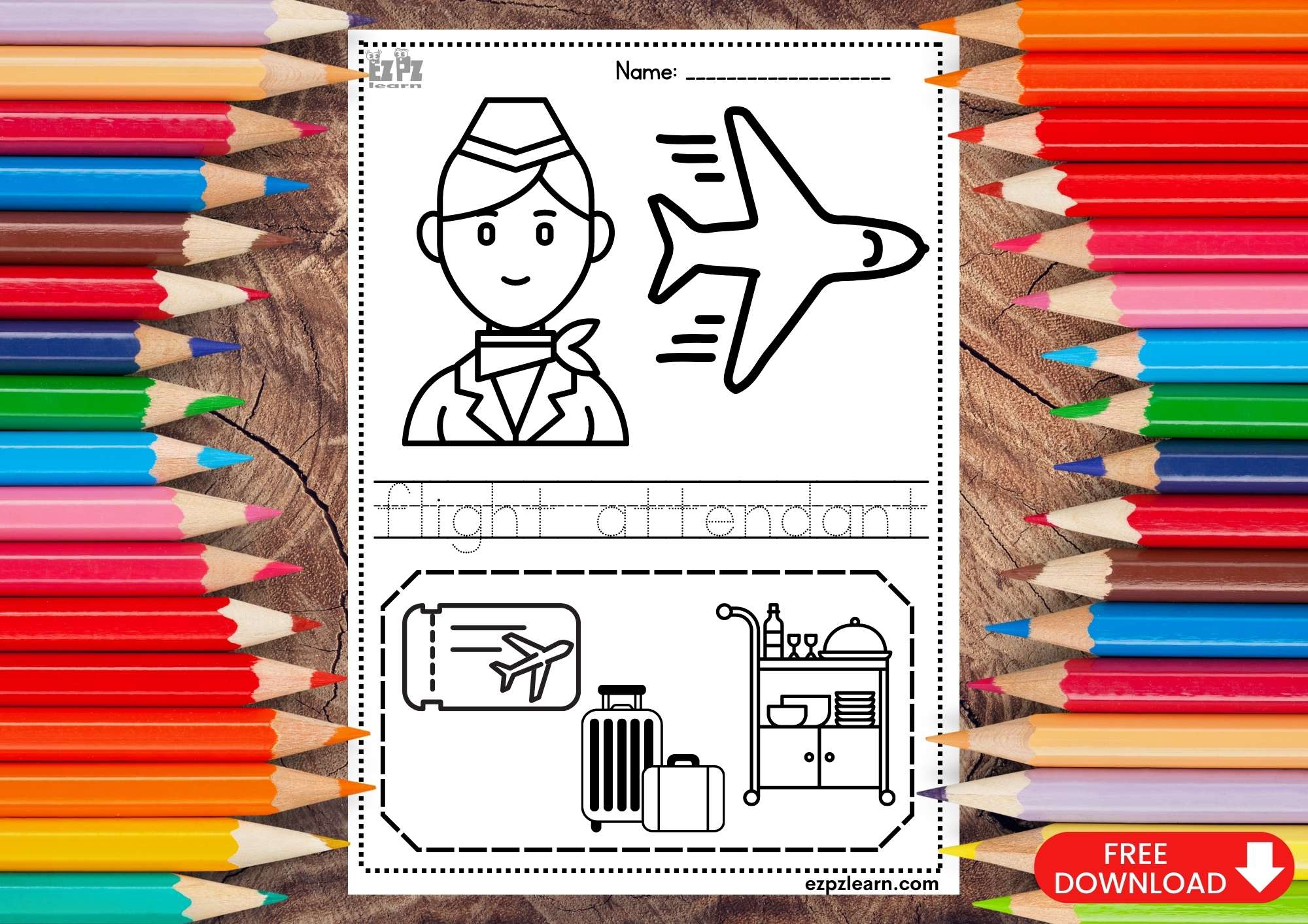 Flight Attendant Coloring and Trace the Word Page Jobs Topic for Kids